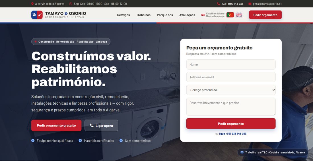 Tamayo & Osorio homepage hero — headline, trust strip and quote request form above the fold