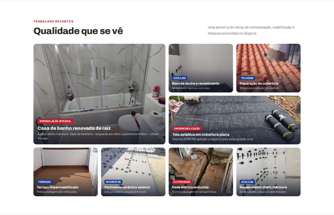 Recent work / portfolio section showing completed construction and cleaning projects
