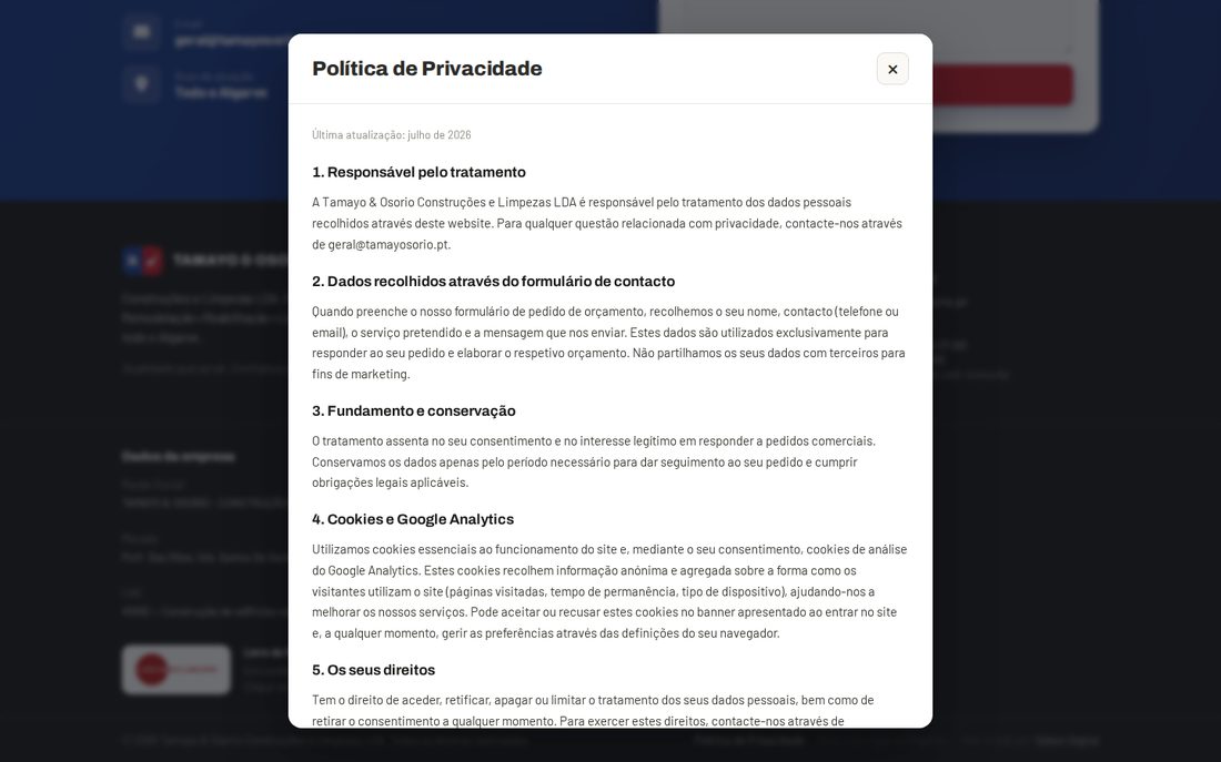 Privacy policy modal referencing GDPR responsibilities and the CNPD complaint right